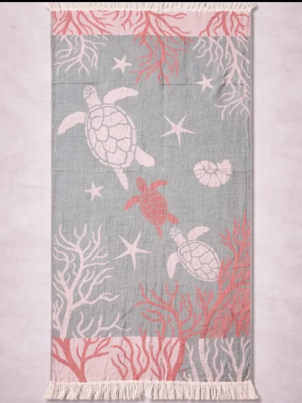 Woven Coastal Turtle 2 Side 100% Cotton Beach Towel Green + Coral NEW